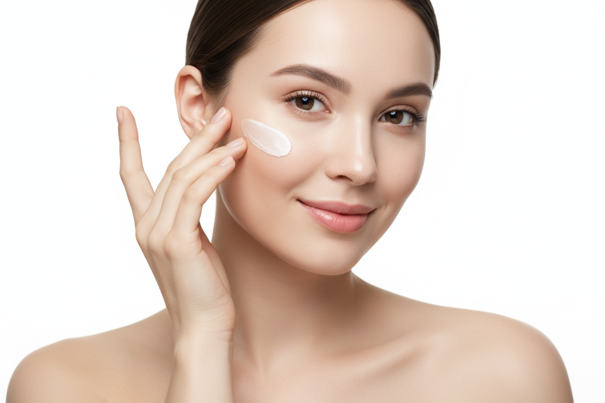 خلفية: بيضاء ناصعة clean pure white بدون أي نقوش أو عناصر إضافية.

بدون أي كتابة، بدون شعار، بدون نصوص نهائياً.

العنصر الرئيسي: موديل فتاة جميلة ناعمة تبتسم، بشرة ناعمة ونظيفة، إضاءة ناعمة طبيعية soft light.

اللقطة: الجزء العلوي من الوجه والكتفين close-up portrait.

اليد: الموديل تضع كريم على خدّها أو تقوم بتوزيع الكريم على الوجه بشكل أنثوي وراقي. بدون ما تظهر العلبة 


الأسلوب: فخم، ناعم، minimalistic، إضاءة احترافية، ظلال خفيفة جداً.

المقاس: صورة مربعة (مناسبة للـ Hero Banner في متجر Shopify للموبايل).