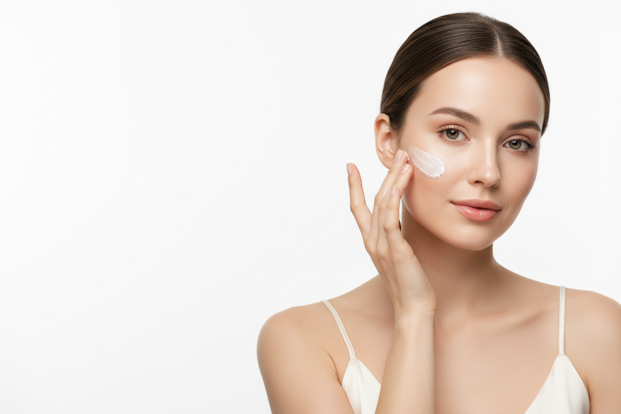 خلفية: بيضاء ناصعة clean pure white بدون أي نقوش أو عناصر إضافية.

بدون أي كتابة، بدون شعار، بدون نصوص نهائياً.

العنصر الرئيسي: موديل فتاة جميلة، بشرة ناعمة ونظيفة، إضاءة ناعمة طبيعية soft light.

اللقطة: الجزء العلوي من الوجه والكتفين close-up portrait.

اليد: الموديل تضع كريم على خدّها أو تقوم بتوزيع الكريم على الوجه بشكل أنثوي وراقي.

الموديل تكون دائماً في:
✔ النصف اليمين من الصورة فقط

النصف اليسار: فارغ تماماً (مساحة نظيفة لاستخدامها في إضافة نصوص لاحقاً).

الأسلوب: فخم، ناعم، minimalistic، إضاءة احت